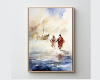 Petrus und Jesus auf dem Wasser gehen, Digital Print Art. SOFORTIGER DOWNLOAD. Schrift Wandkunst. Christliche Wohnkultur. Matthäus 14 Biblische Geschichte.