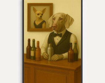Vintage Weimaraner Bartender Hund Konsttryck, Humor Heminredning (Digital Nedladdning)