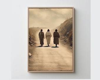 JESUS-Spaziergang nach Emmaus-Druckkunst-Schriftstelle Lukas 24. Jesus und zwei Fremde. Digitaler Download in vier gängigen Rahmengrößen. Kunst in Fotoqualität