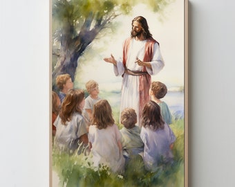 Jesus and Children Christian Print Art. Digital wall art. INSTAND DOWNLOAD, watercolor, cottage core, Jesus Home Decor, vintage bible design