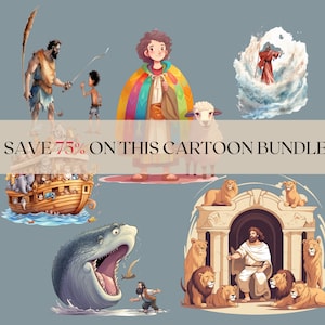 Bible Story CARTOON Print Art BUNDLE, 6 Popular Bible stories. Childrens Room Art, Noah&#39;s ark, David and Goliath, Jonah and the Whale, MORE