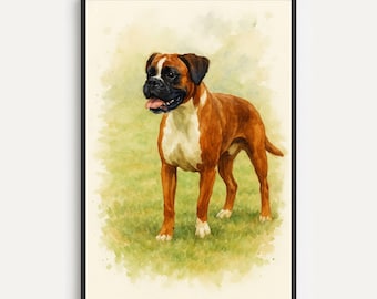 May include: Watercolor painting of a Boxer dog in a black frame. The dog has a brown and white coat, black muzzle, and is standing on green grass. The artwork has a soft, painterly style with a light background.