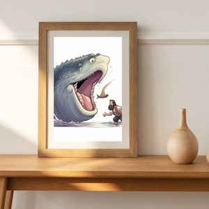 Jonás y la ballena Wall Art, historia bíblica, DESCARGA INSTANTE, acuarela de la escuela dominical, dibujos animados, Jonás y el arte digital de la habitación del niño ballena