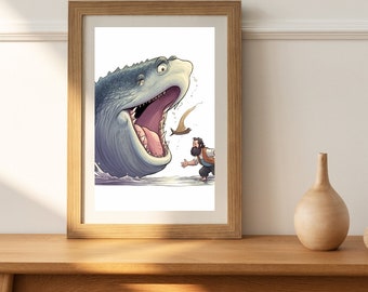 Jonah and the Whale Wall Art, Bible story, INSTANT DOWNLOAD, Sunday school watercolor, cartoon, Jonah and the Whale child's room digital art