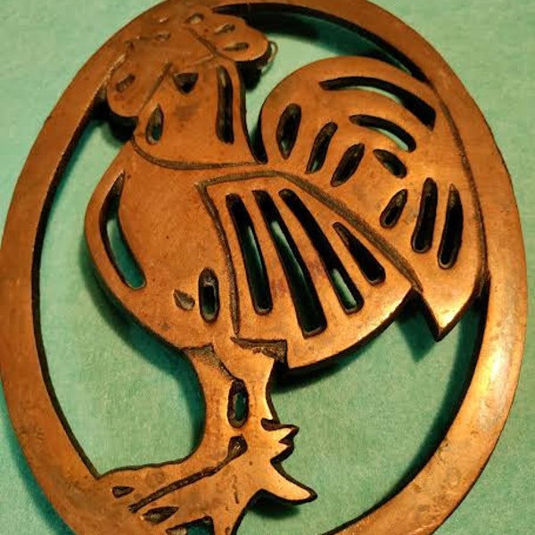 Vintage Coppertone Cast Iron Rooster Trivet from Taiwan 1982