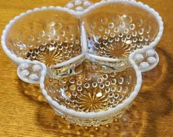 Achor Hocking Hobnail Moonstone Three Section Bowl in Beautiful Condition