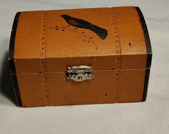 Wood Trunk Hinged Box with Black Bird Painted on Top by Marcia Brasky-Macy
