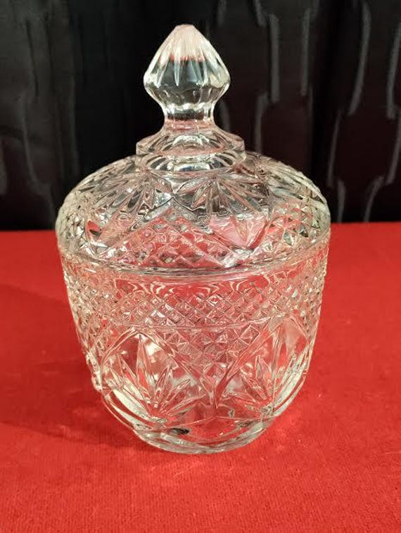 Vintage Diamond Cut Glass Candy Dish or Sugar Bowl with Lid