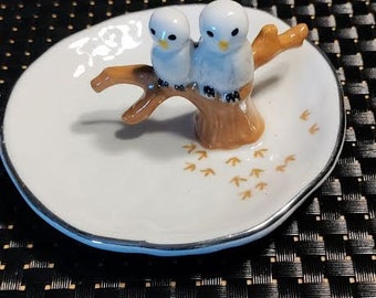 Lovely Vintage Owls on a Branch Ring Holder/Trinket Dish with Footprints in the Snow