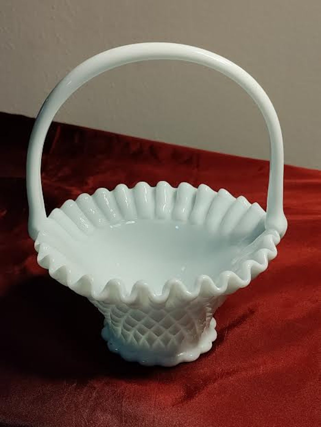 Vintage Milk Glass Basket With Handle, Ruffled Edge, and Diamond