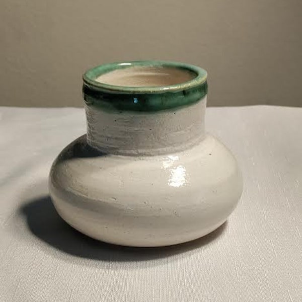 White Pottery Round Vase with Pretty Green Edge