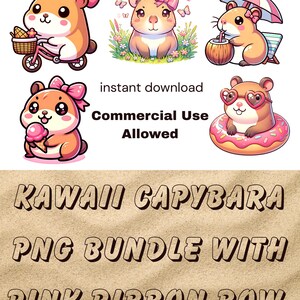 K&ouml;nnte beinhalten: Ein Set aus vier digitalen Illustrationen mit einem niedlichen Cartoon-Capybara, das ein rosa Schleifenband tr&auml;gt. Das Capybara ist in verschiedenen Posen dargestellt, darunter Fahrrad fahren, auf einem Blumenfeld sitzen, am Strand entspannen und auf einem Donut-Schwimmring treiben. Die Illustrationen sind im Cartoon-Stil gehalten und haben eine helle und fr&ouml;hliche Farbpalette.