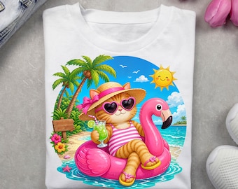 Sommer Katze Flamingo Pool Float PNG, wunderliche Kätzchen Trink Illustration (digitaler Download)