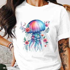 Jellyfish Digital, Watercolor Jellyfish png, Floral Jellyfish Digital Download, Ocean Art Printable, Sea Creature Art,Jellyfish Decor