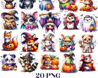 Halloween Animal Clipart: Watercolor Costume PNGs (Digital Download