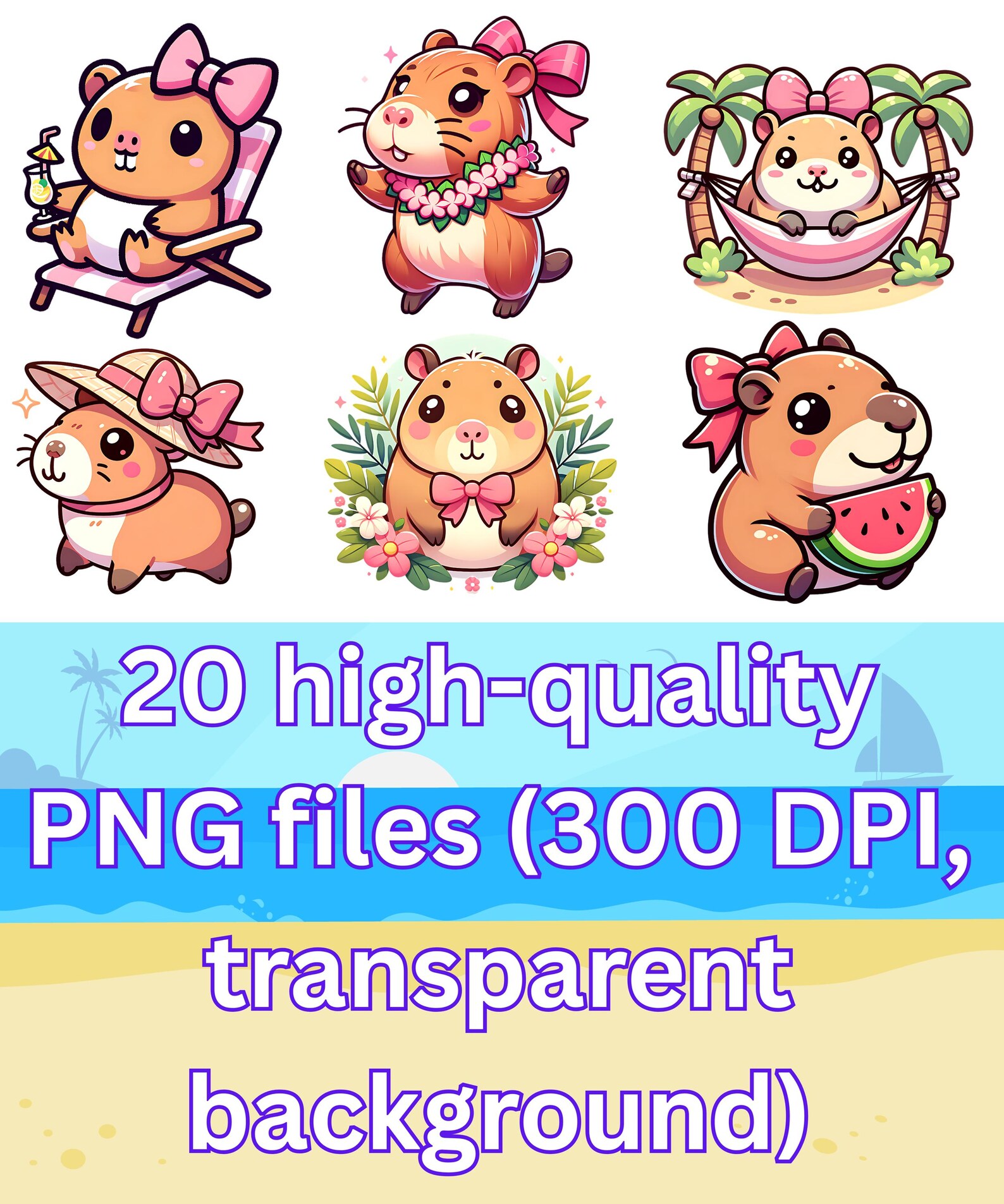20 Summer Capybara Clipart Kawaii Capybara PNG Bundle With Pink Ribbon ...