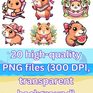 K&ouml;nnte beinhalten: Satz von 6 digitalen Illustrationen mit niedlichen Cartoon-Hamstern in verschiedenen sommerlichen Posen. Die Hamster tragen rosa Schleifen und H&uuml;te und genie&szlig;en Aktivit&auml;ten wie Entspannung auf einem Strandstuhl, Wassermelone essen und Faulenzen in einer H&auml;ngematte.