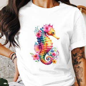 Rainbow Seahorse Digital, Watercolor Seahorse png, Floral Seahorse Art, Digital Download, Whimsical Ocean Art, Summer Print