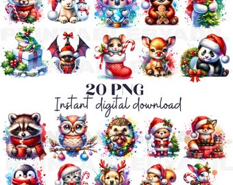 クリスマス動物クリップアートバンドル：20 種類の PNG ホリデーイラスト（即時ダウンロード）