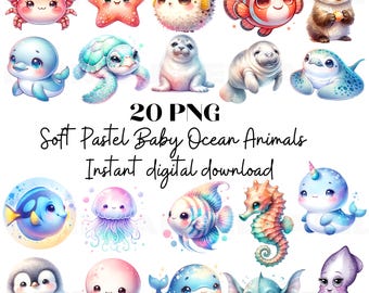 Baby Ocean Animals Clipart Bundle, Pastel Watercolor Sea Animals PNG, Instant Download