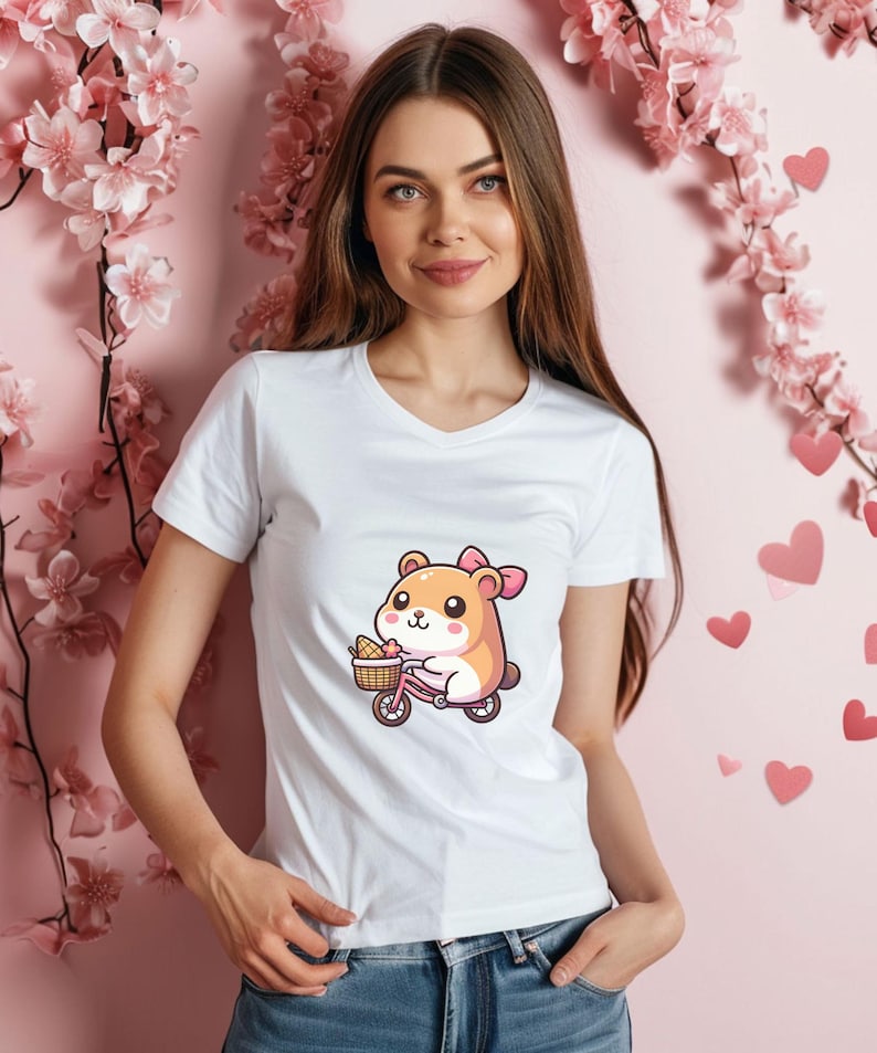 K&ouml;nnte beinhalten: Wei&szlig;es T-Shirt mit einem Cartoon-Hamster, der ein rosa Fahrrad f&auml;hrt und einen Korb mit Obst tr&auml;gt. Der Hamster tr&auml;gt eine rosa Schleife.