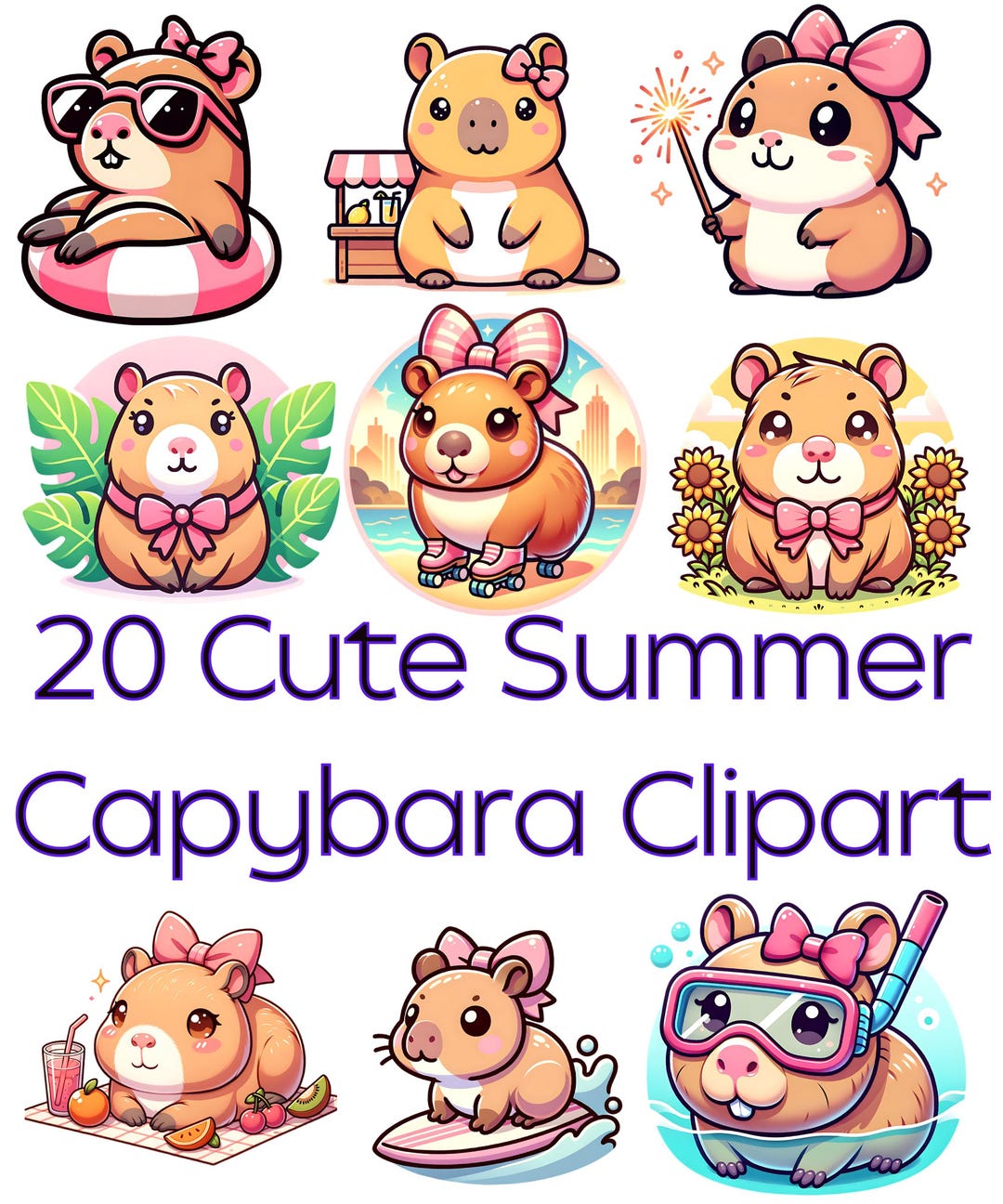 20 Summer Capybara Clipart Kawaii Capybara PNG Bundle With Pink Ribbon ...