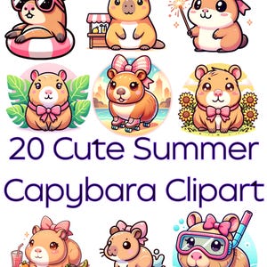 K&ouml;nnte beinhalten: 20 niedliche Karikatur-Capybara-Illustrationen in verschiedenen sommerlichen Aktivit&auml;ten. Die Capybaras tragen rosa Schleifen und Sonnenbrillen. Sie schwimmen, surfen, sonnenbaden und genie&szlig;en ein Sommergetr&auml;nk.