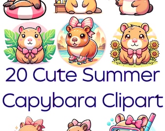 20 Summer Capybara Clipart  Kawaii Capybara PNG Bundle with Pink Ribbon Bow