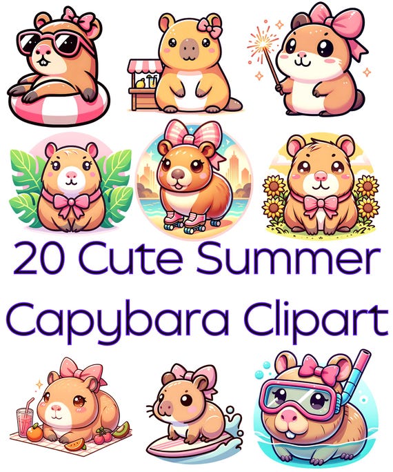 20 Summer Capybara Clipart  Kawaii Capybara PNG Bundle with Pink Ribbon Bow