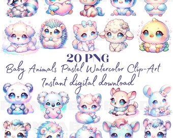 Baby Animals Pastel Watercolor Clipart – 20 PNG – Instant Digital Download