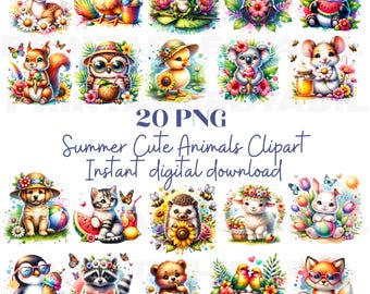 Watercolor Summer Animals Clipart: 20 PNG Illustrations (Digital Download)