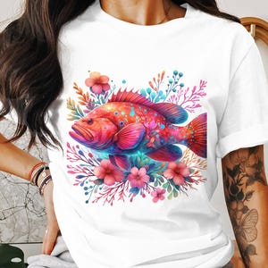 Watercolor Coral Grouper PNG: Floral Tropical Fish Art (Digital Download, Commercial Use OK)