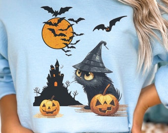 Cute BlackCat Halloween Crewneck Sweatshirt, Halloween Gift