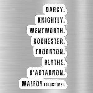 Könnte beinhalten: Eine Liste von Namen, die in Schwarz auf weißen rechteckigen Aufklebern mit silbernem Hintergrund geschrieben sind. Die Namen sind Darcy, Knightly, Wentworth, Rochester, Thornton, Blythe, D'Artagnan und Malfoy (Vertraue mir).