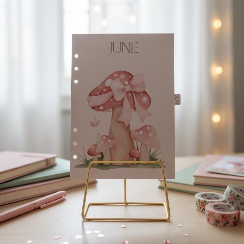 May include: A decorative calendar page for June, featuring a whimsical mushroom illustration with a bow. The page is held by a gold-colored wire stand, with other stationery items visible in the background.