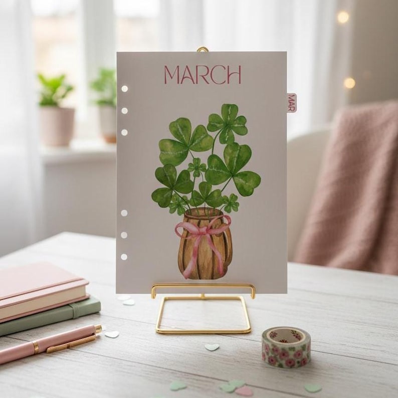 May include: A calendar page for March, featuring a watercolor illustration of a pot of shamrocks tied with a pink ribbon. The page is displayed on a gold-colored metal stand. The word "MARCH" is printed at the top.