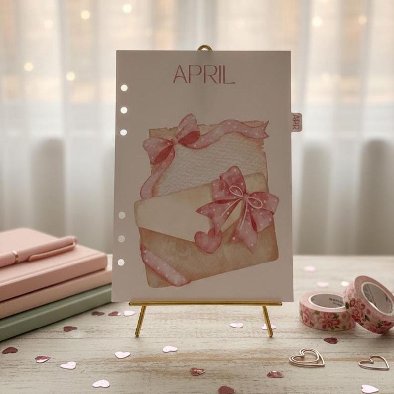 May include: A planner page for April, featuring a watercolor illustration of stacked envelopes and bows in shades of pink and beige. The word "APRIL" is printed at the top. The page is displayed on a small gold easel, with decorative tape and heart-shaped confetti.