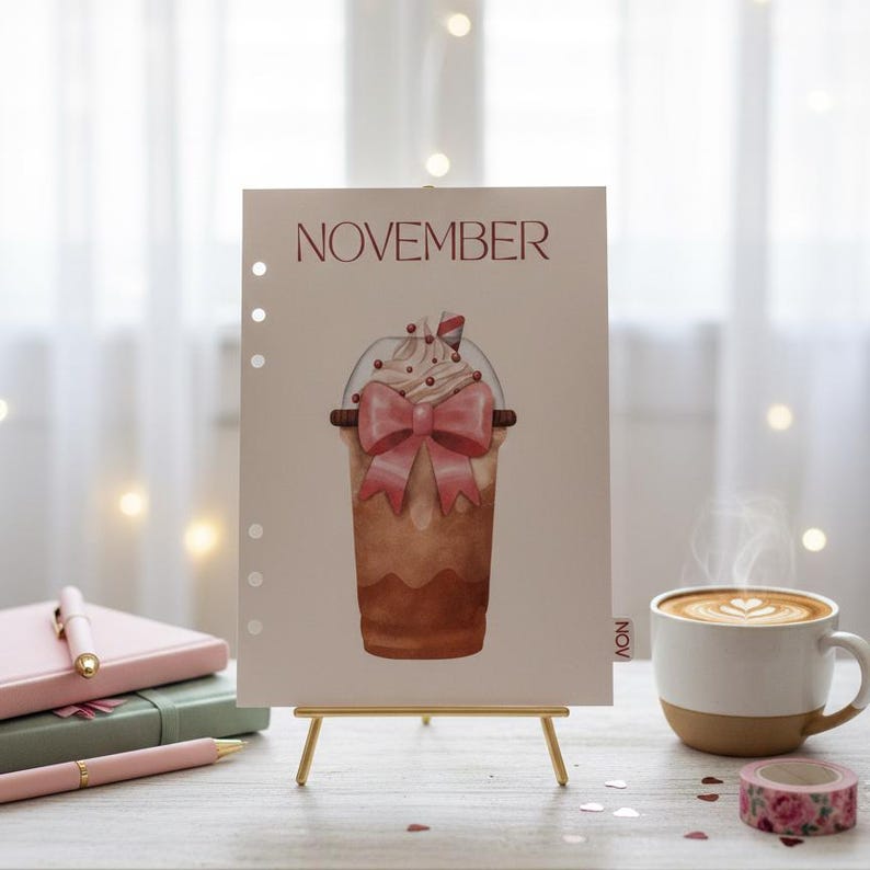 May include: A planner page for November, featuring a watercolor illustration of a coffee drink with whipped cream and a pink bow. The page is displayed on a small gold easel, with a cup of coffee and pens nearby.