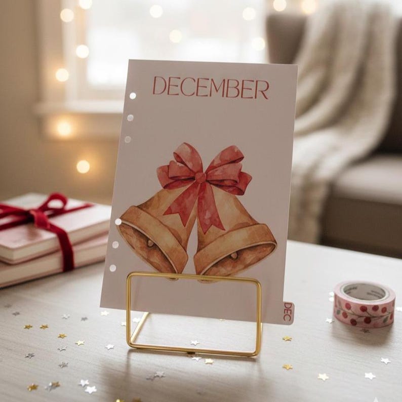 May include: A decorative calendar page for December, featuring watercolor illustrations of two golden bells with a red bow. The page is held in a gold metal stand, with a roll of patterned tape and a stack of books nearby.