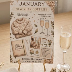 Könnte beinhalten: Eine Januar-Kalenderseite mit dem Titel New Year, Soft Life, die Illustrationen eines Zopfmuster-Pullovers, zwei Champagnergläsern, einem Vision Board und einer Liste mit Zielen wie Achtsamkeit, Lesen, gesunde Ernährung, Journaling und Selbstfürsorge zeigt.