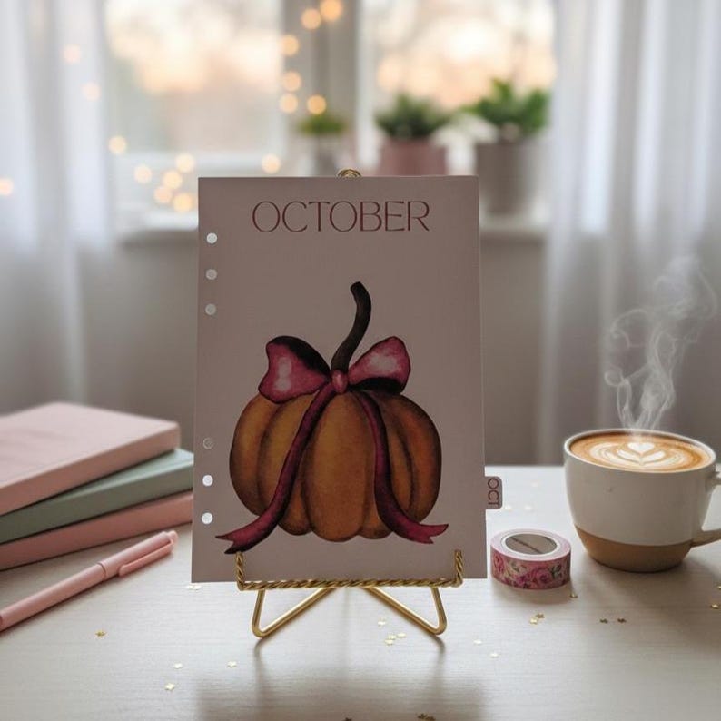 May include: A decorative October-themed planner page featuring a watercolor pumpkin with a pink bow. The page is displayed on a gold stand, alongside a cup of coffee, a pen, and a roll of floral tape. The word "OCTOBER" is printed at the top.
