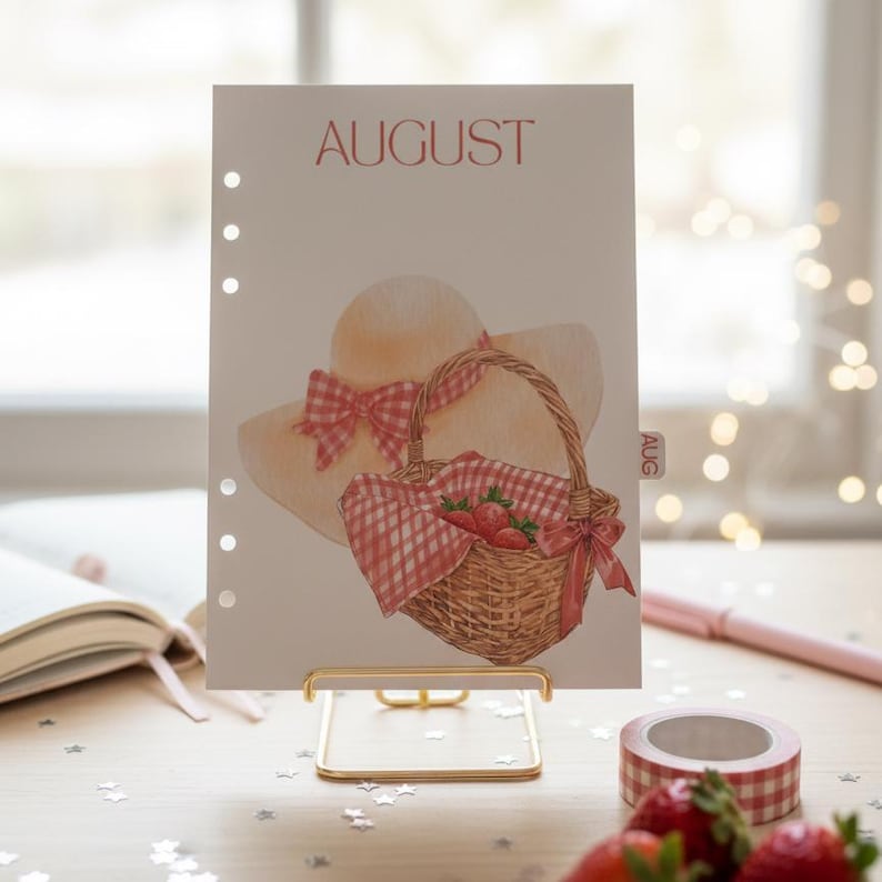 May include: A watercolor illustration of a picnic scene on a calendar page for August. The image features a straw hat with a pink bow, a picnic basket with strawberries, and the word "AUGUST" in red. The calendar is held by a gold stand.