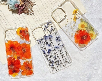 Handmade dried pressed flower phone case, iPhone 15 pro max 14 13 12 11 phone case