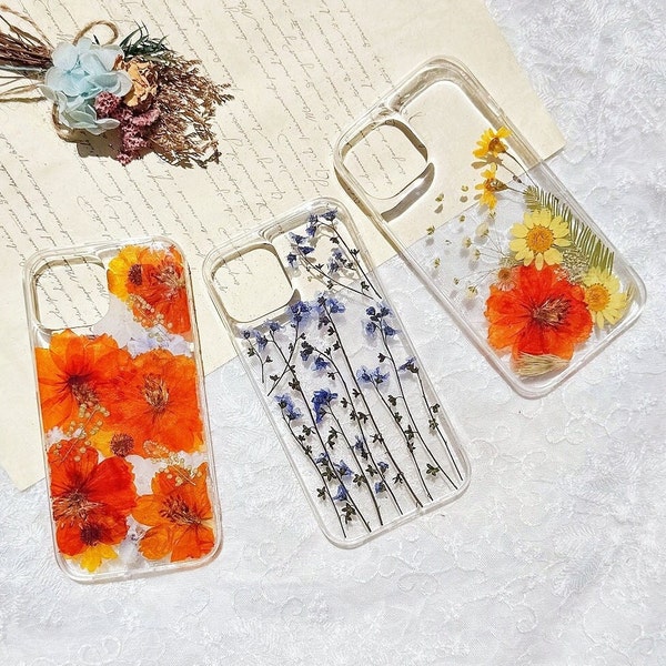 Handmade dried pressed flower phone case, iPhone 15 pro max 14 13 12 11 phone case