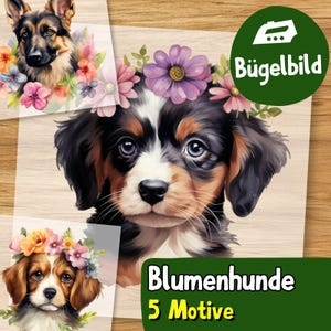 Bügelbild Blumenhund 5 Motive, Hund mit Blumenkranz für Shirt, Babybody und DIY Textilgestaltung