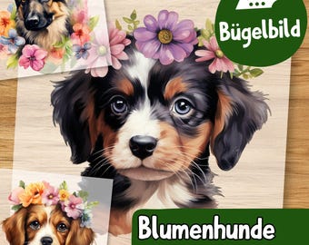 Bügelbild Blumenhund 5 Motive, Hund mit Blumenkranz für Shirt, Babybody und DIY Textilgestaltung