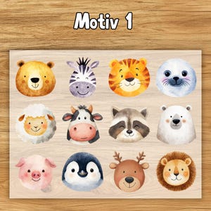 Pode incluir: Ilustra&ccedil;&otilde;es em aquarela de animais, incluindo um urso, zebra, tigre, foca, ovelha, vaca, guaxinim, urso polar, porco, pinguim, veado e le&atilde;o. O texto "Motiv 1" est&aacute; no topo.