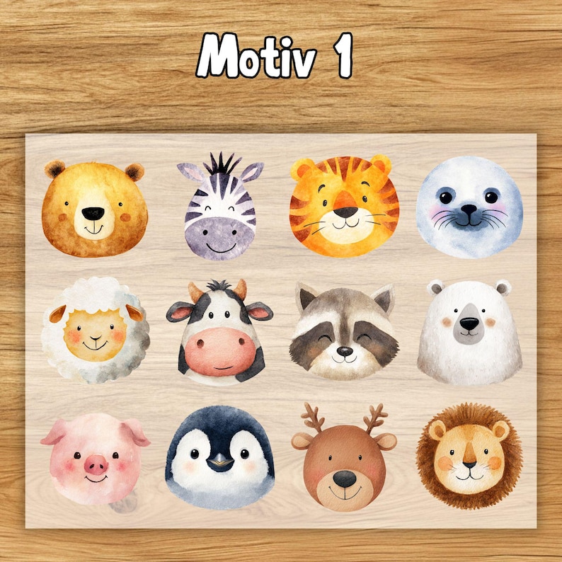Pode incluir: Ilustra&ccedil;&otilde;es em aquarela de animais, incluindo um urso, zebra, tigre, foca, ovelha, vaca, guaxinim, urso polar, porco, pinguim, veado e le&atilde;o. O texto "Motiv 1" est&aacute; no topo.