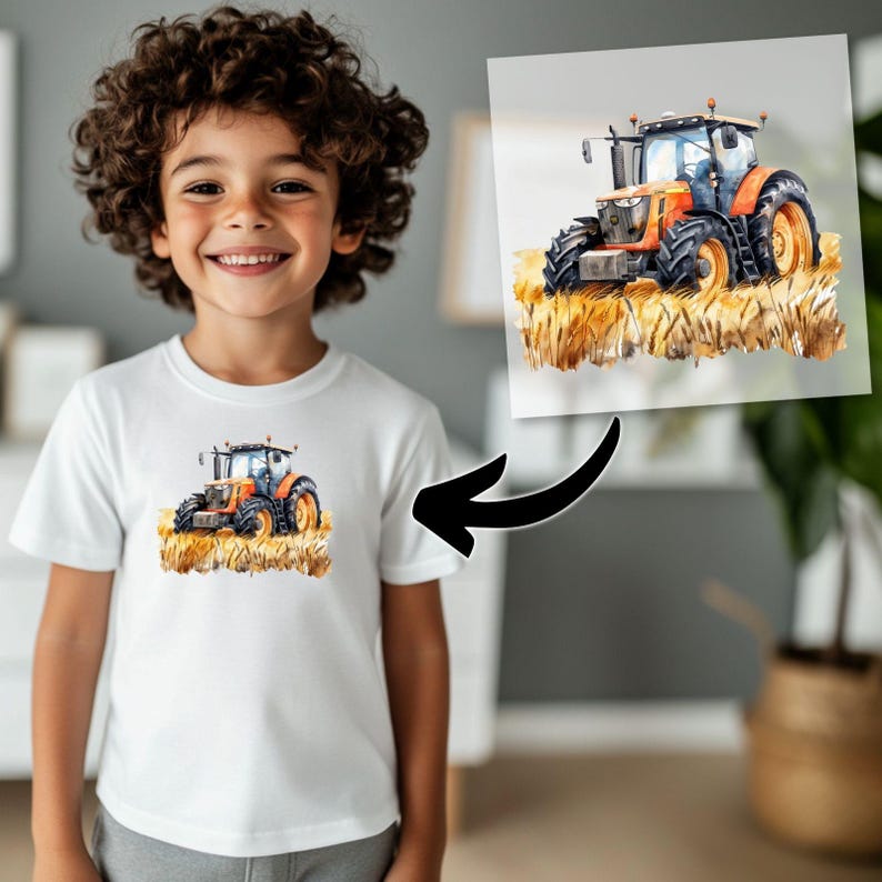 Traktor Bügelbilder, Bauernhof Wasserfarbe Trecker zum Aufbügeln, Coole Fahrzeuge Kinder Geburtstag Transferfolie, Traktor Tshirt Druck image 2