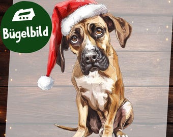 Bügelbild Weihnachtshund, Lustiger Hund mit Nikolausmütze für Kinder T-shirt, Festliche Textilgestaltung